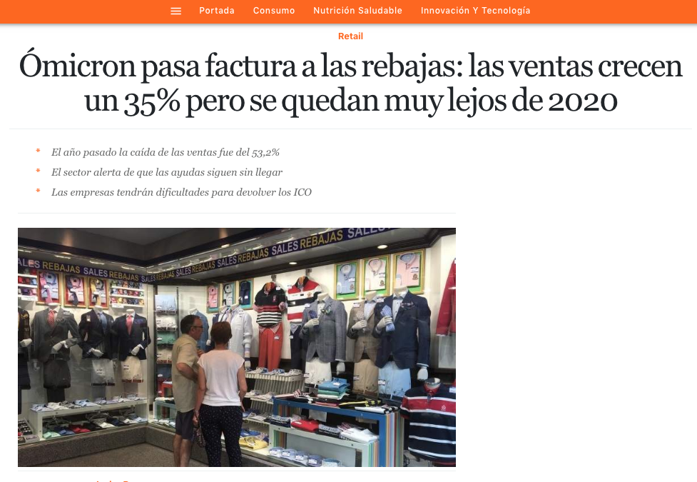 El Economista | «Ómicron pasa factura a las rebajas: las ventas crecen un 35% pero se quedan muy lejos de 2020»